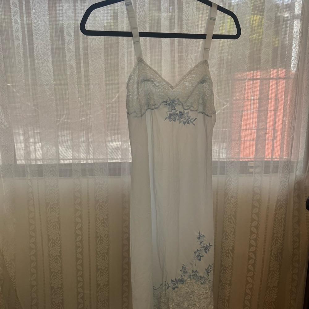 Elegant Lace Trim Nightgown - White and Blue from Japan
